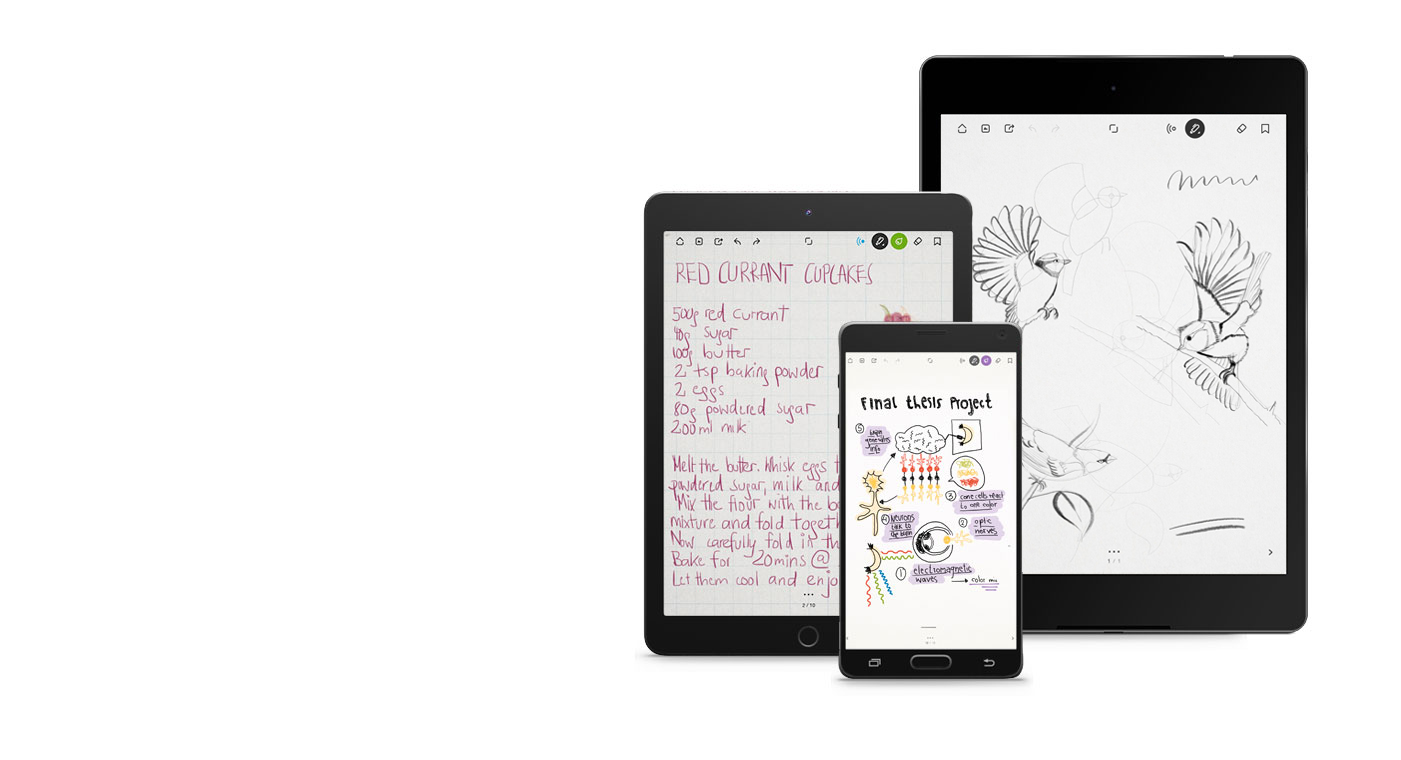 Three mobile devices with drawings and notes made via the Bamboo Paper app